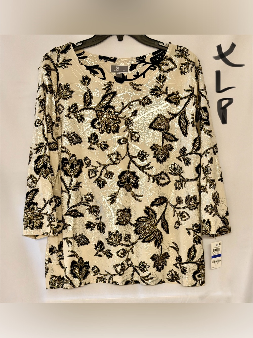 JM Collection Cream Long-Sleeve Top with Black and Gold Floral Accents